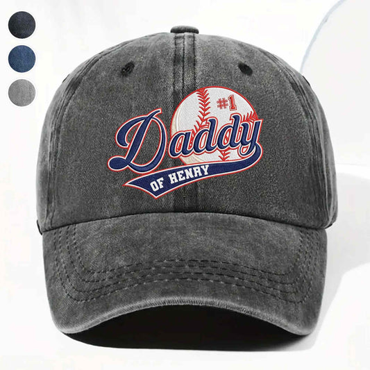 Custom baseball dad hat featuring #1 Daddy text and baseball graphic on a vintage washed denim cap