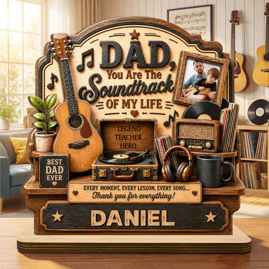 Personalized soundtrack of my life dad wood plaque with custom photo, guitar, and record player design