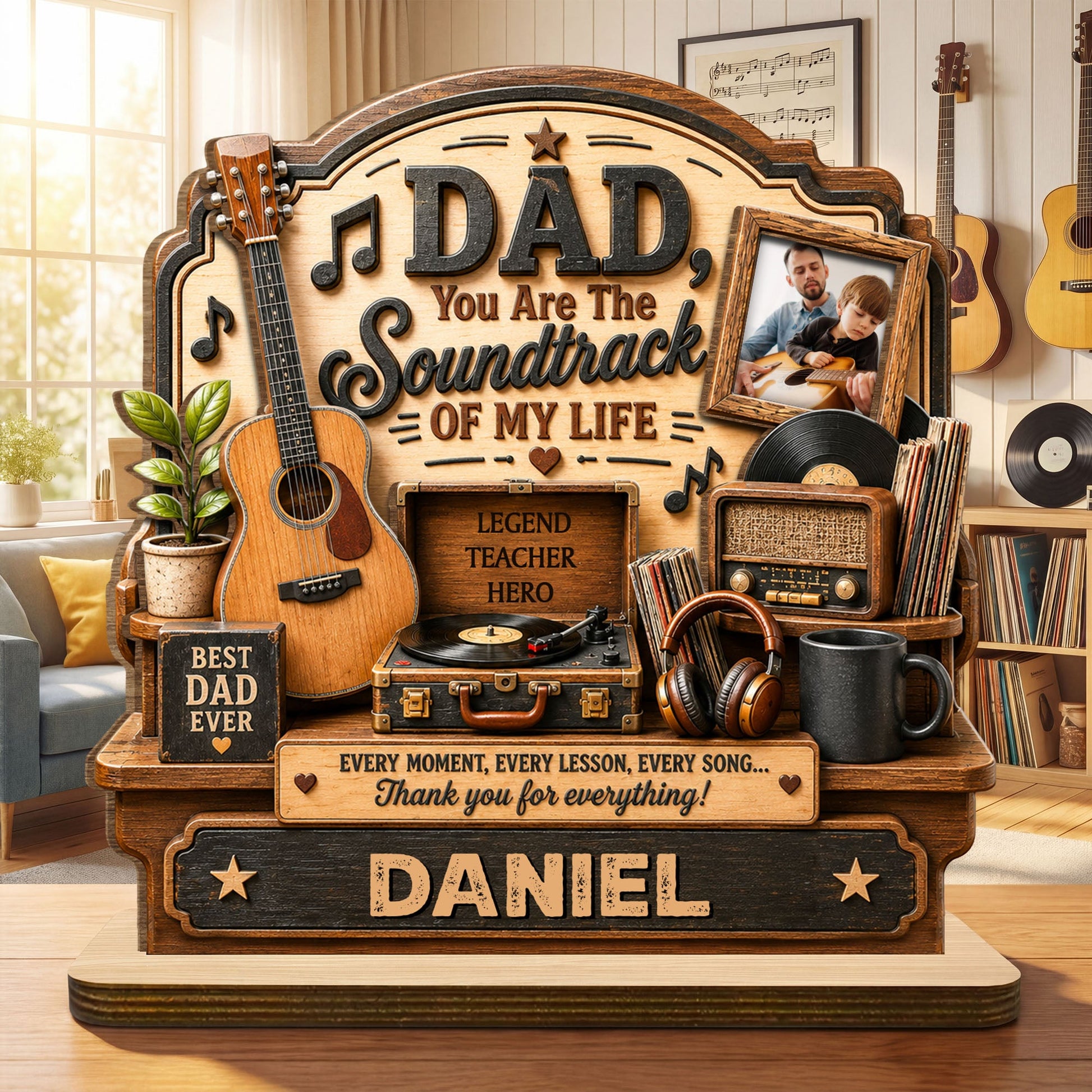 Personalized soundtrack of my life dad wood plaque with custom photo, guitar, and record player design