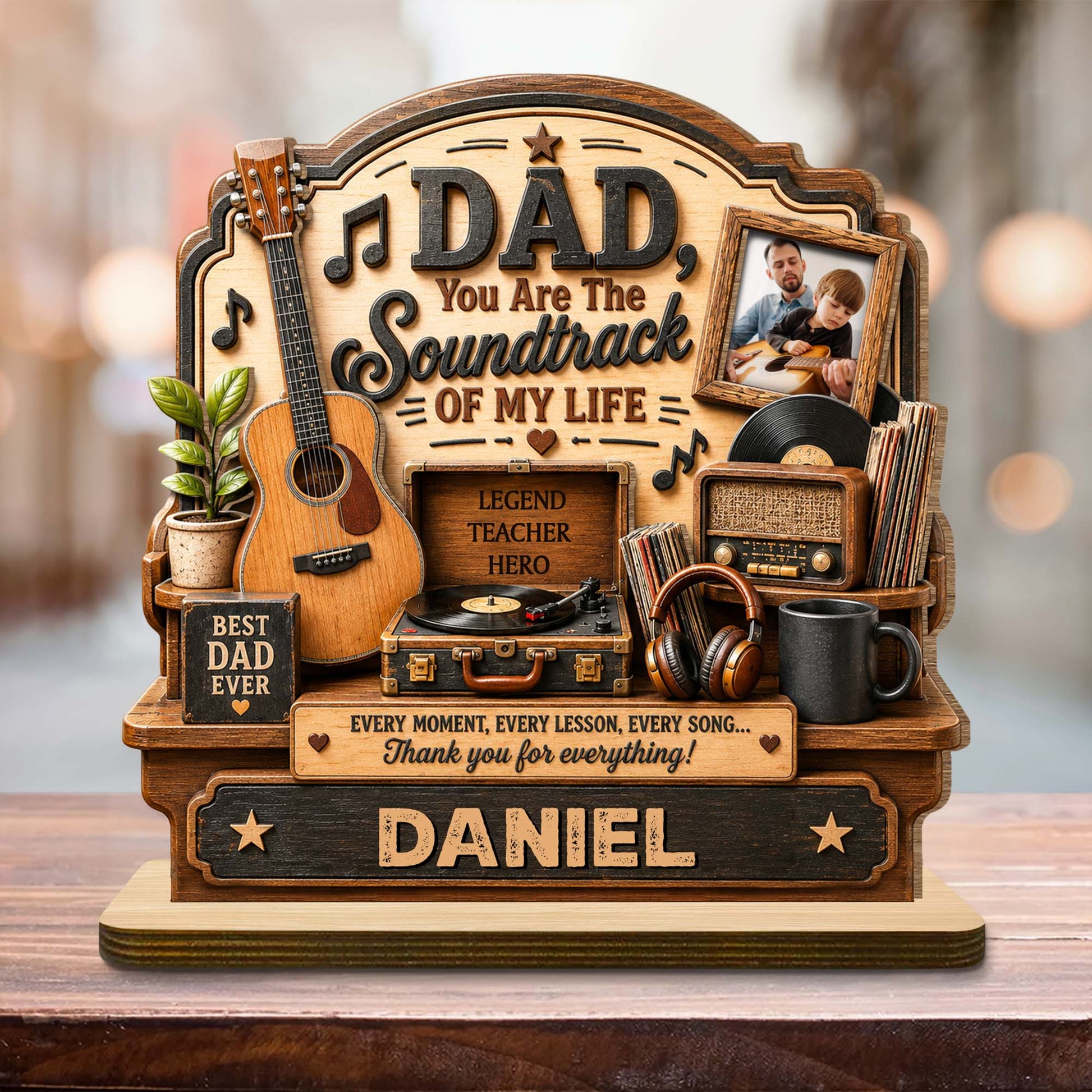 Personalized soundtrack of my life dad wood plaque with custom photo, guitar, and record player design image 6