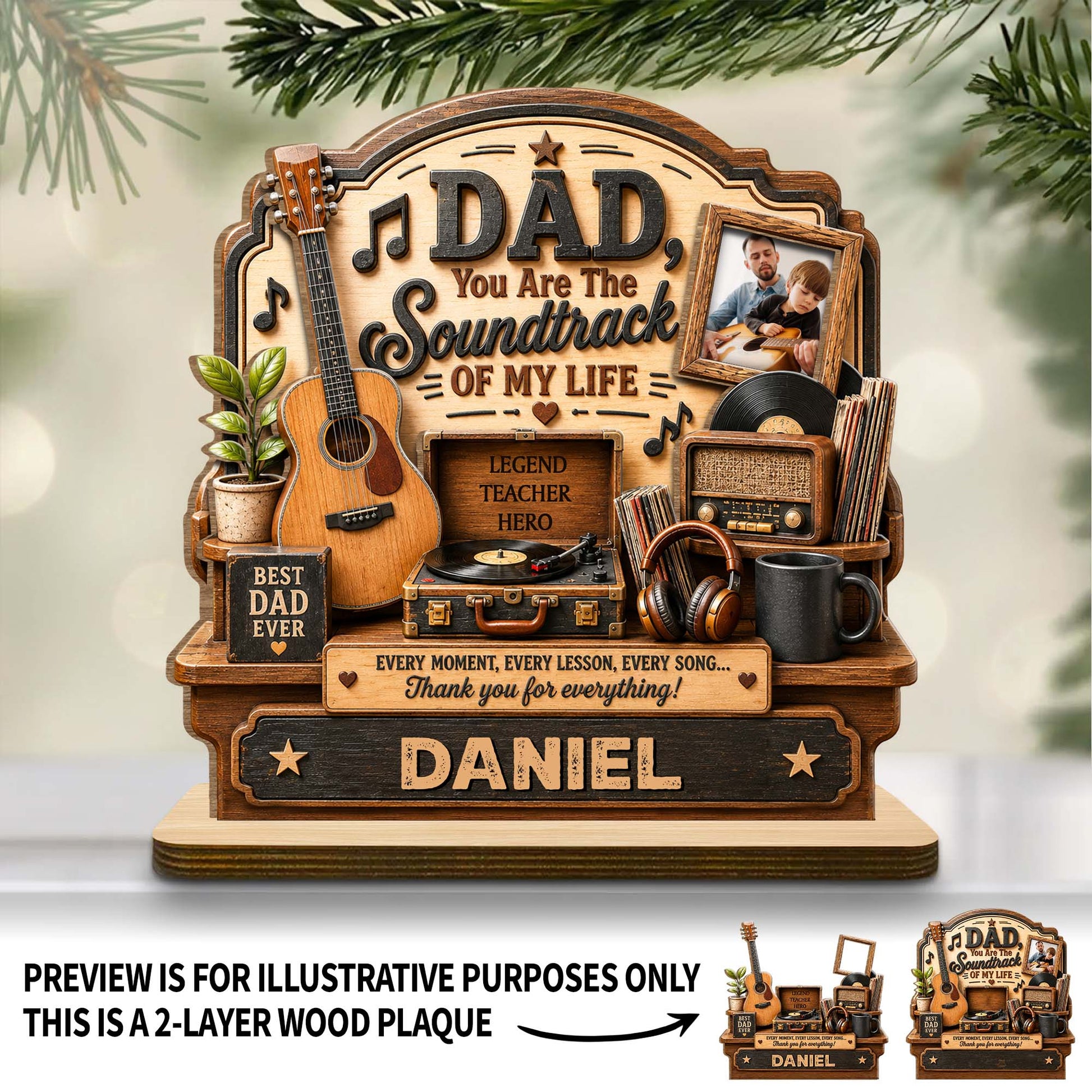 Personalized soundtrack of my life dad wood plaque with custom photo, guitar, and record player design image 7