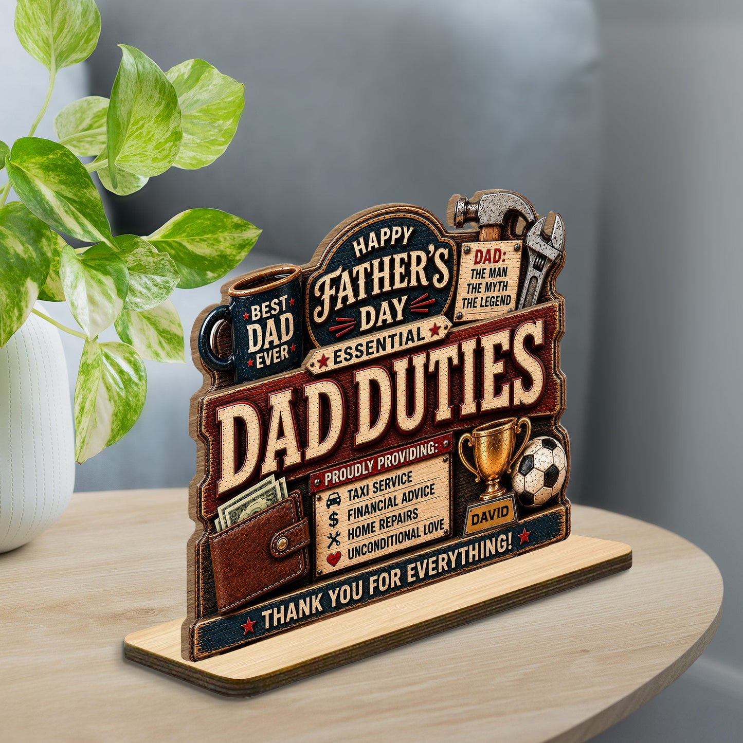 Personalized Dad Duties Wood Plaque personalization view for Dad