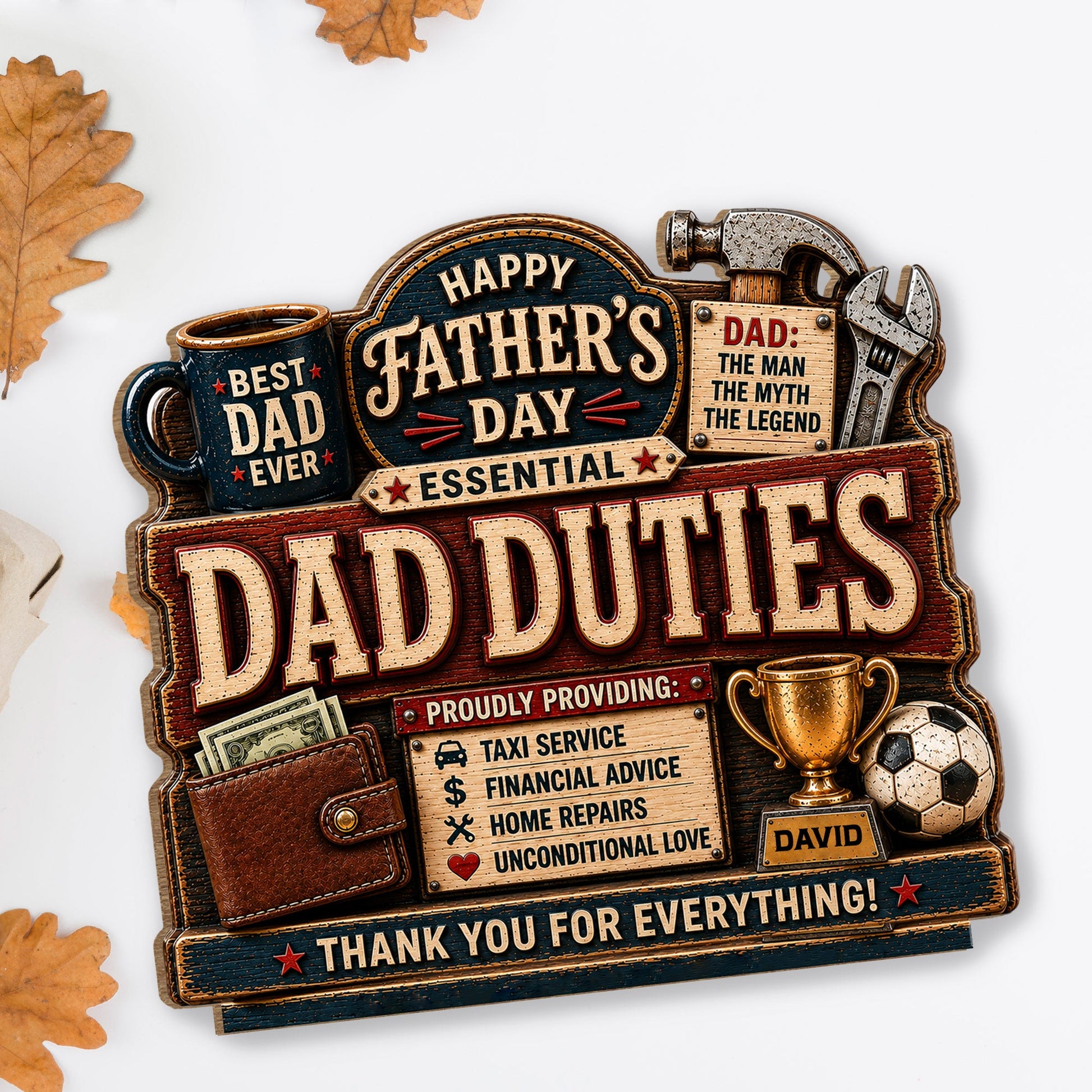 Wood Sign material and size view - Personalized Dad Duties Wood Plaque