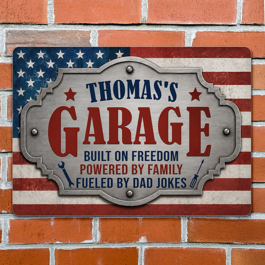 Personalized garage metal sign with American flag and tools design, a unique gift for dad's workshop