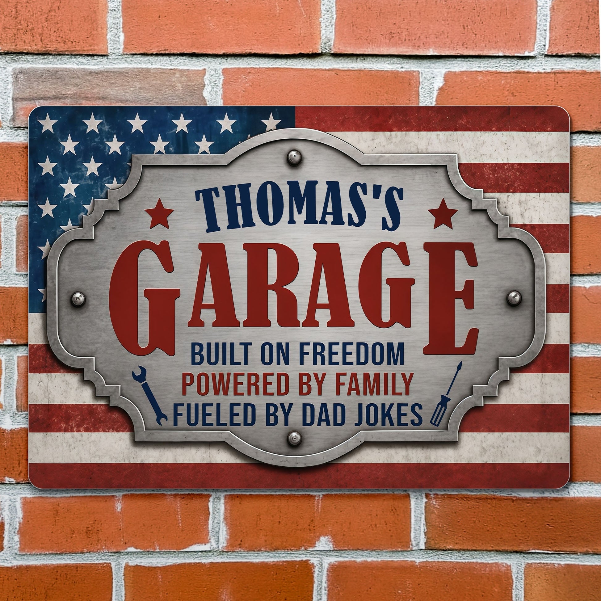 Personalized garage metal sign with American flag and tools design, a unique gift for dad's workshop