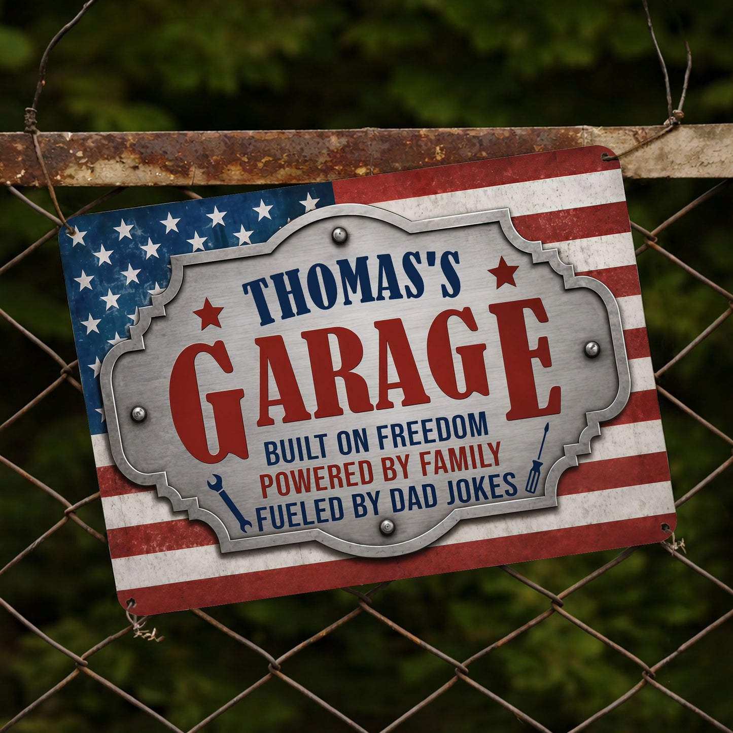 Personalized garage metal sign with American flag and tools design, a unique gift for dad's workshop image 6