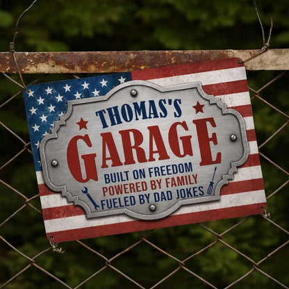 Personalized garage metal sign with American flag and tools design, a unique gift for dad's workshop image 6