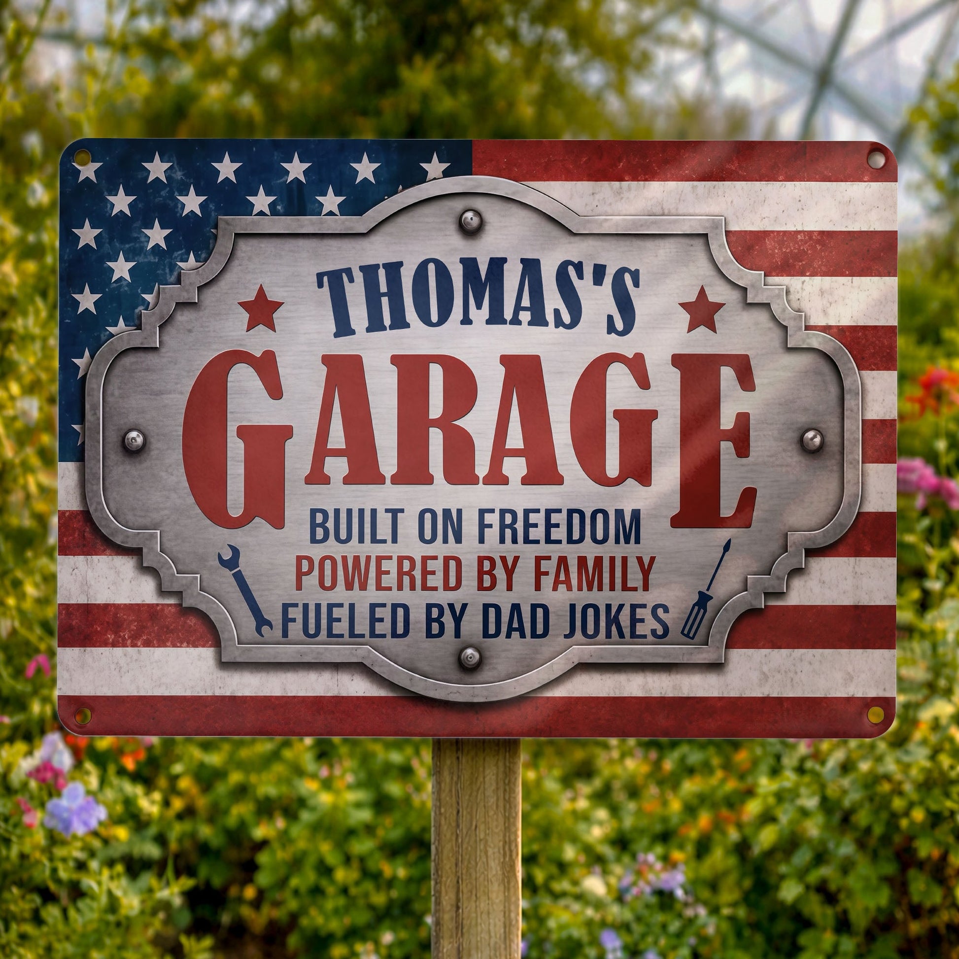 Personalized garage metal sign with American flag and tools design, a unique gift for dad's workshop image 7