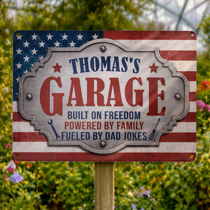 Personalized garage metal sign with American flag and tools design, a unique gift for dad's workshop image 7