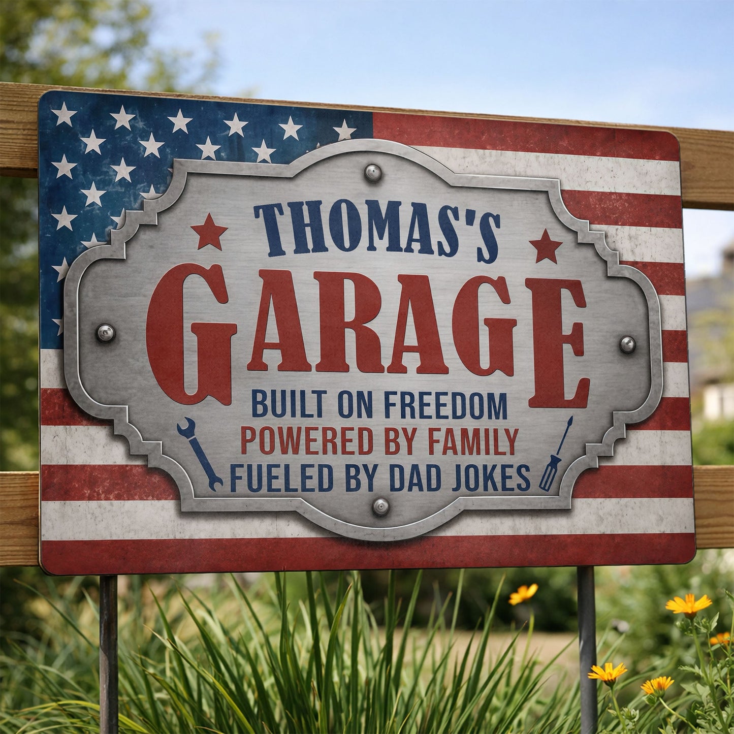 Personalized garage metal sign with American flag and tools design, a unique gift for dad's workshop image 8