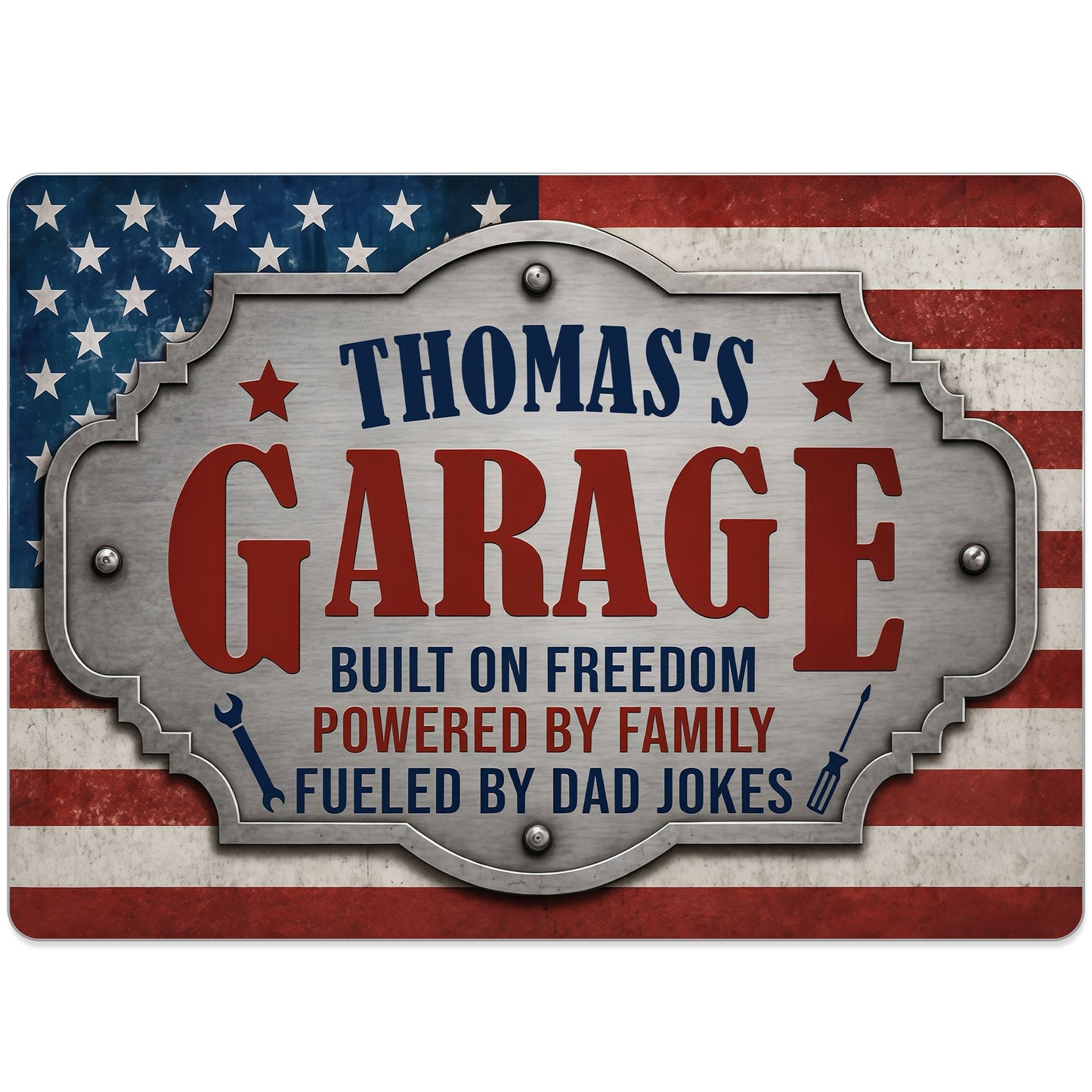 Personalized garage metal sign with American flag and tools design, a unique gift for dad's workshop image 9