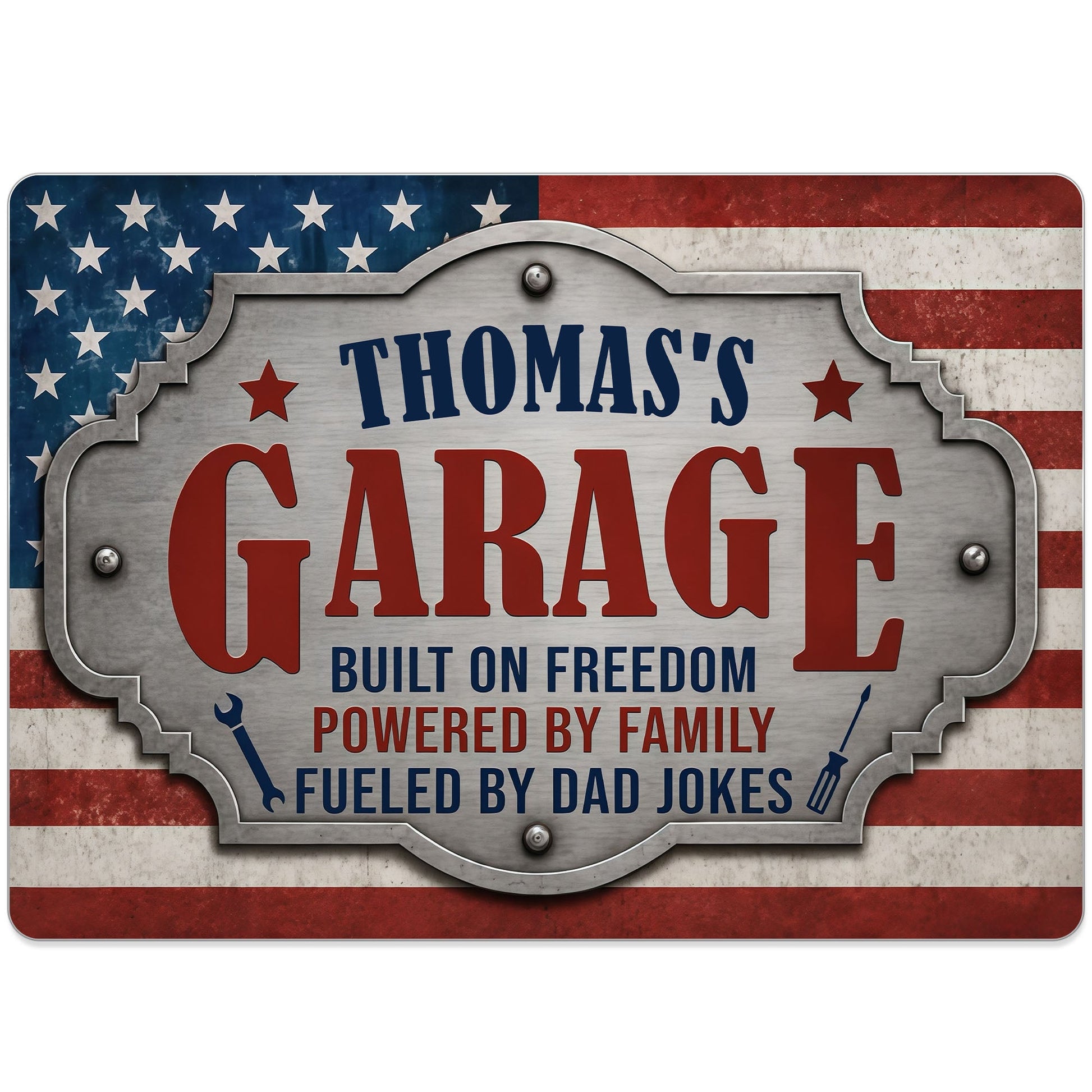 Personalized garage metal sign with American flag and tools design, a unique gift for dad's workshop image 9