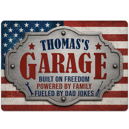 Personalized garage metal sign with American flag and tools design, a unique gift for dad's workshop image 9