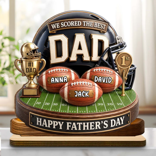 Personalized football dad wood plaque featuring custom kid names on footballs with a helmet background for Father's Day