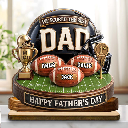 Personalized football dad wood plaque featuring custom kid names on footballs with a helmet background for Father's Day