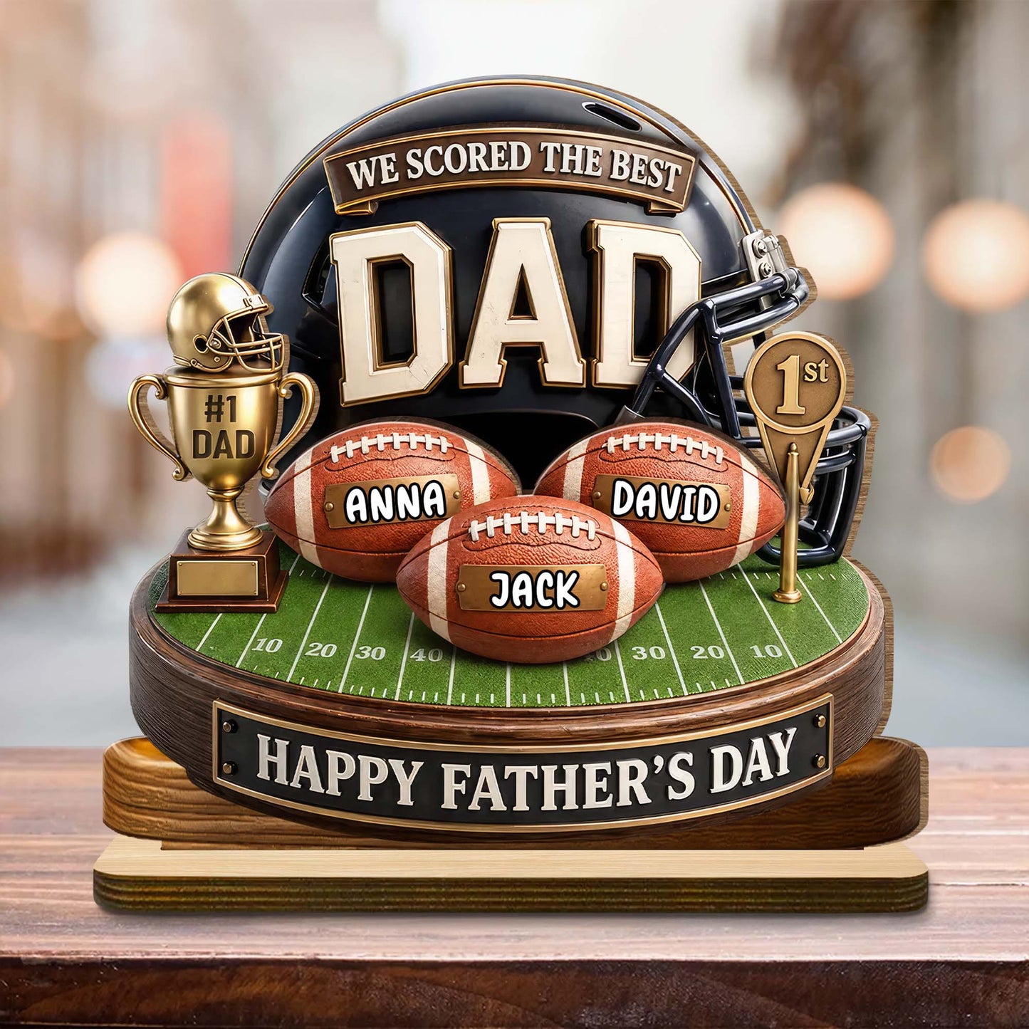 Personalized football dad wood plaque featuring custom kid names on footballs with a helmet background for Father's Day image 6