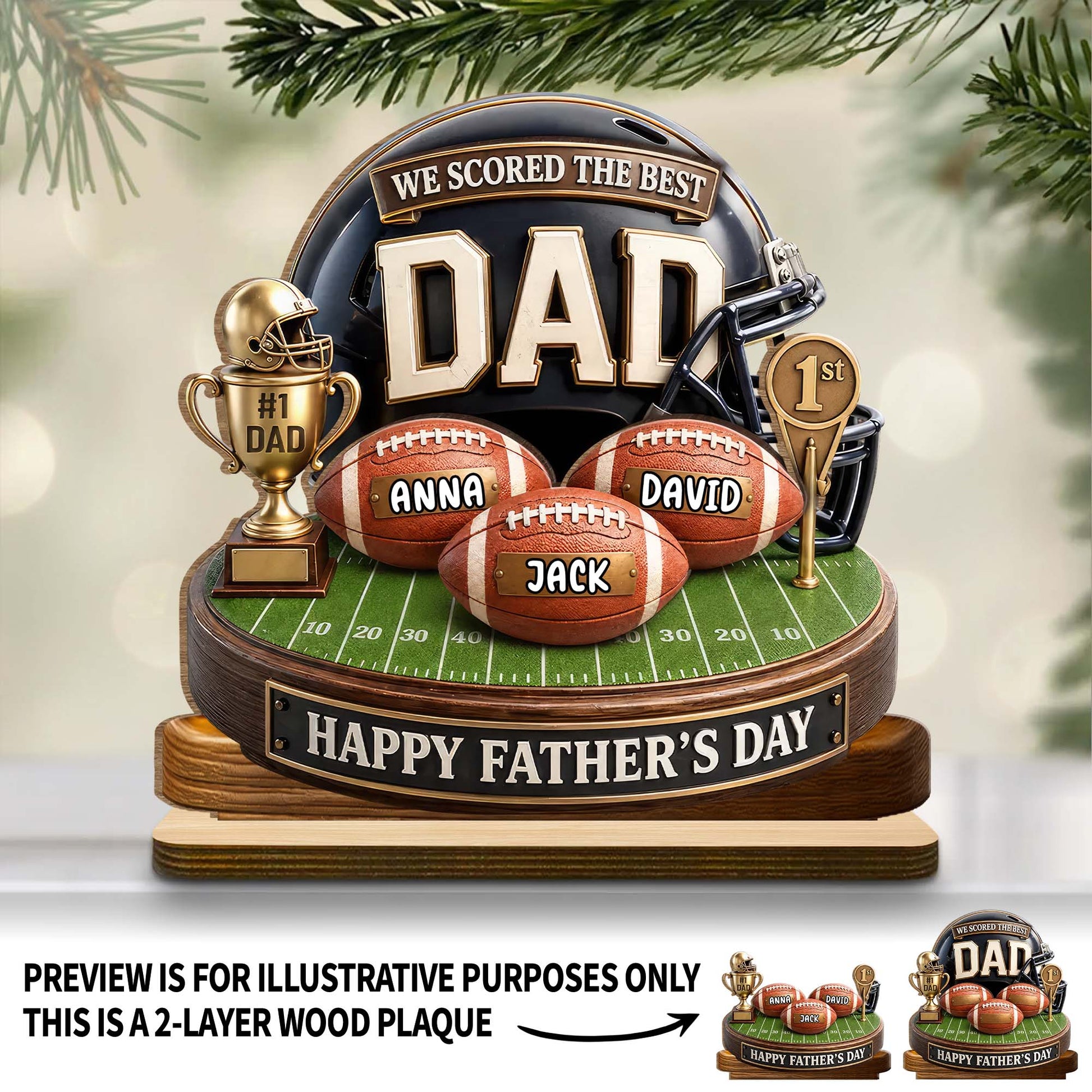 Personalized football dad wood plaque featuring custom kid names on footballs with a helmet background for Father's Day image 7
