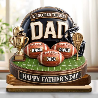 Personalized football dad wood plaque featuring custom kid names on footballs with a helmet background for Father's Day image 8