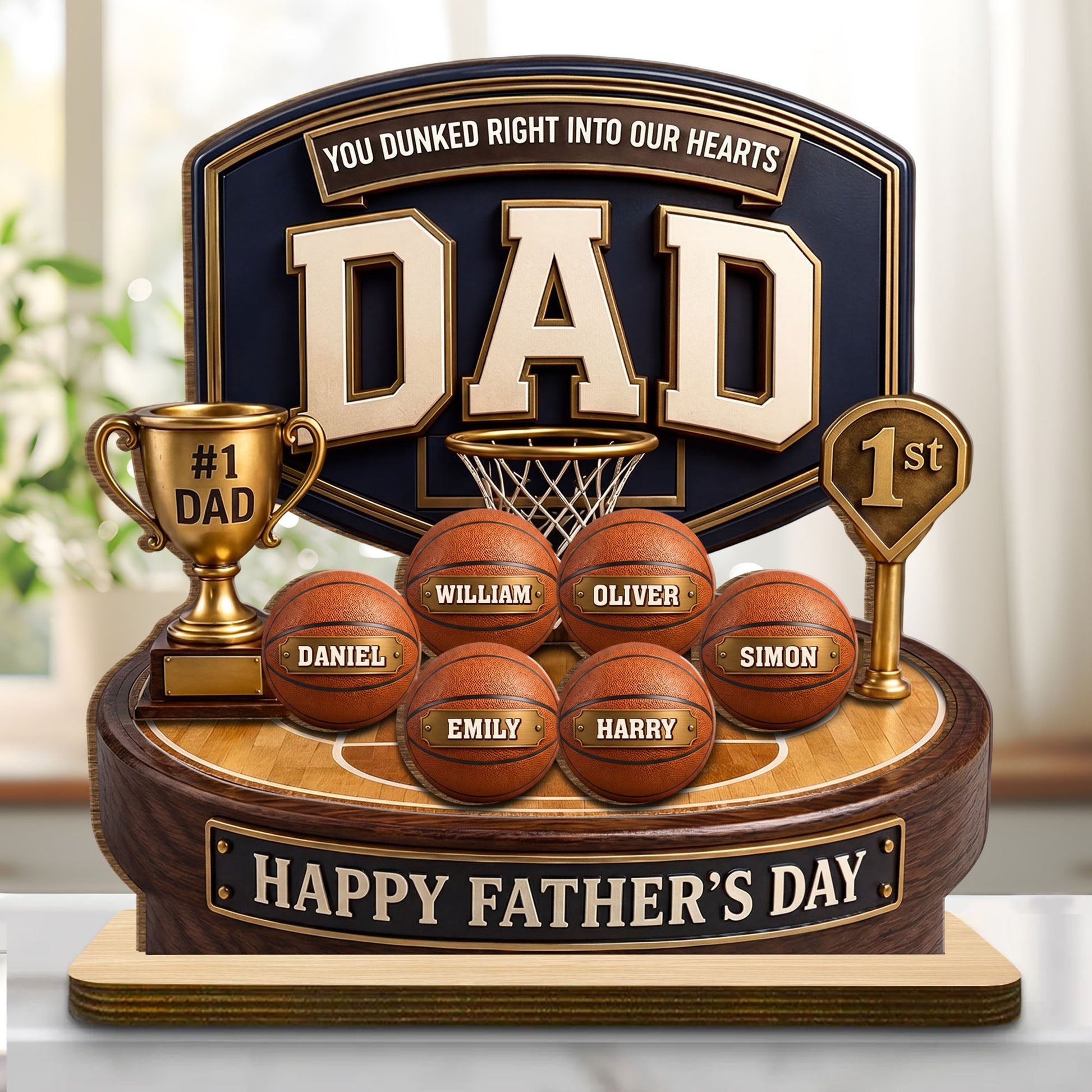 Personalized dad basketball wood plaque trophy with custom kids names on basketballs for Father's Day gift