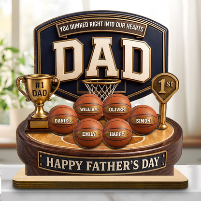 Personalized dad basketball wood plaque trophy with custom kids names on basketballs for Father's Day gift