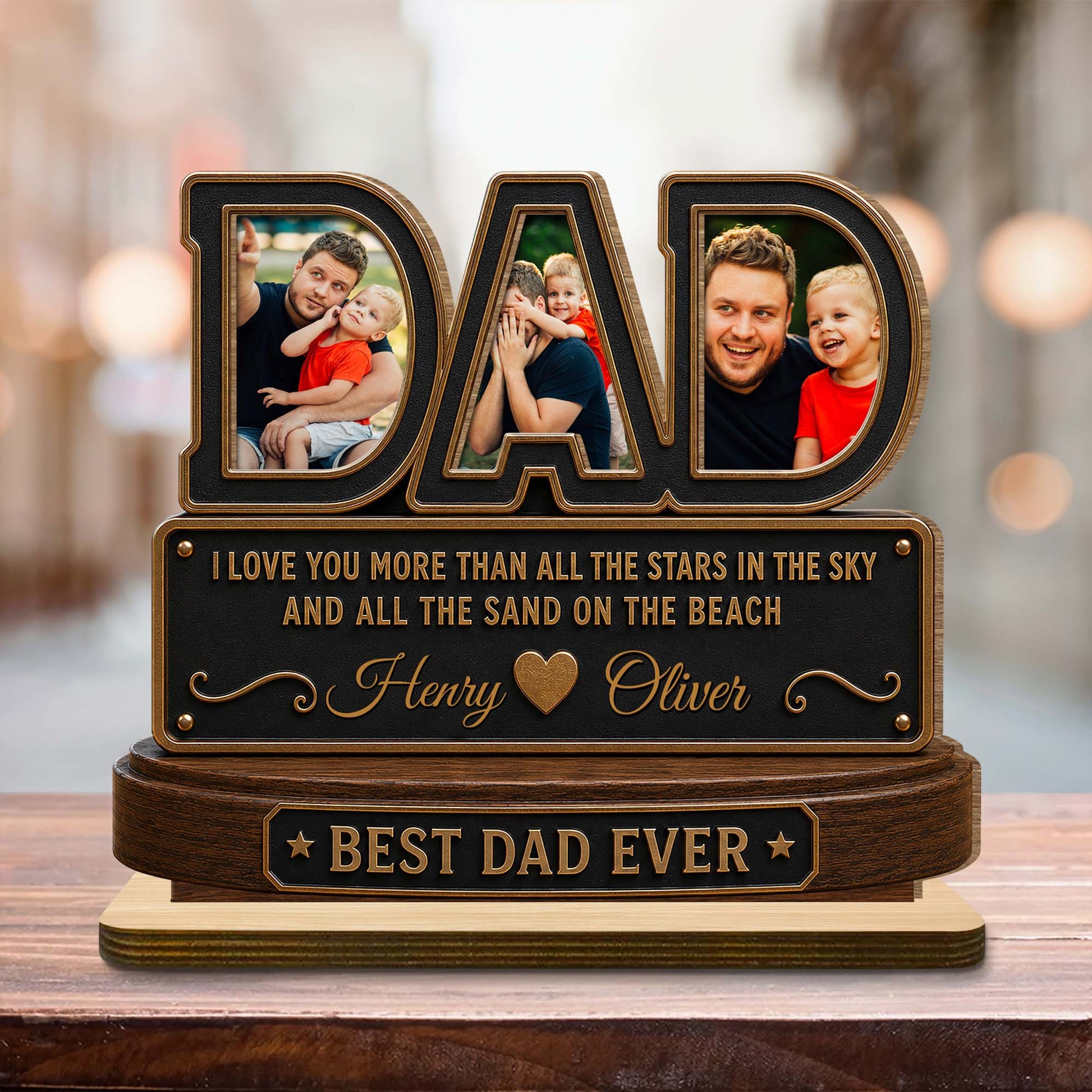 Personalized dad photo plaque featuring a custom picture, names, and Best Dad Ever quote on a wooden stand image 6