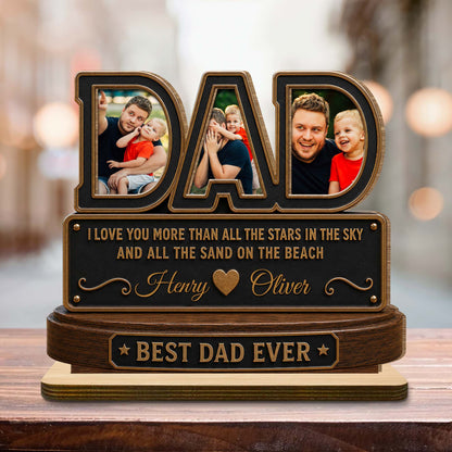 Personalized dad photo plaque featuring a custom picture, names, and Best Dad Ever quote on a wooden stand image 6