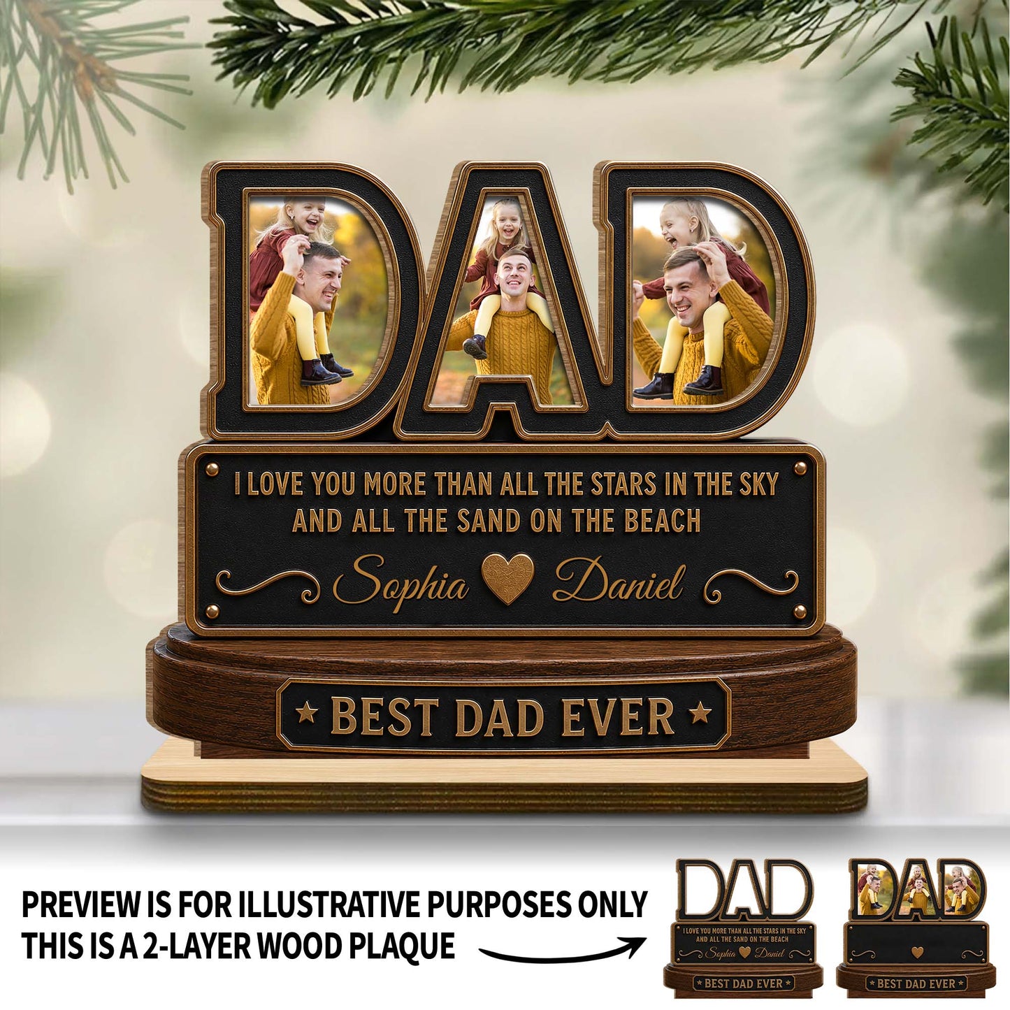 Personalized dad photo plaque featuring a custom picture, names, and Best Dad Ever quote on a wooden stand image 7