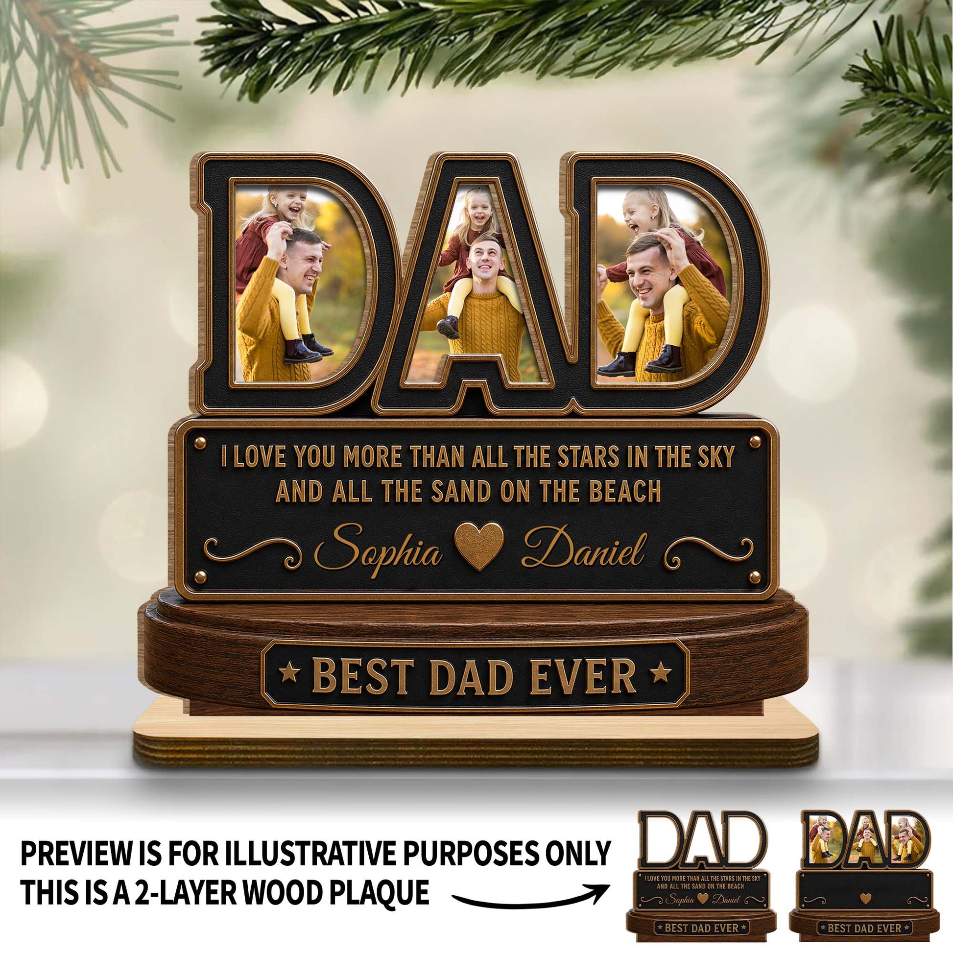 Personalized dad photo plaque featuring a custom picture, names, and Best Dad Ever quote on a wooden stand image 7