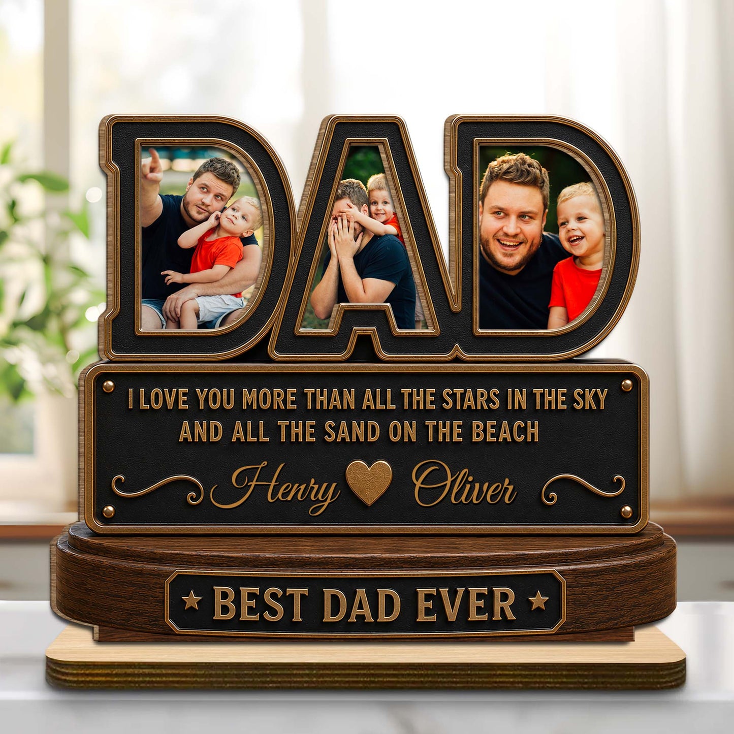 Personalized dad photo plaque featuring a custom picture, names, and Best Dad Ever quote on a wooden stand image 8
