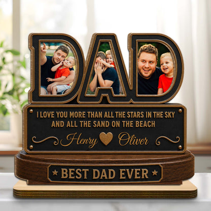 Personalized dad photo plaque featuring a custom picture, names, and Best Dad Ever quote on a wooden stand image 8