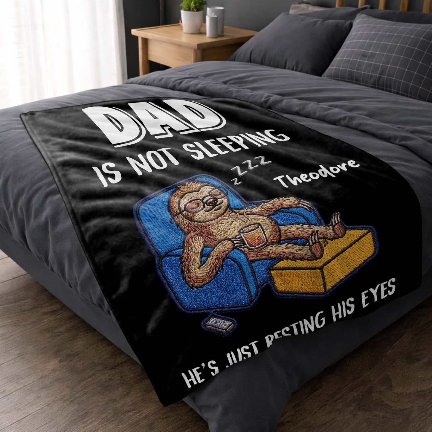 Personalized Dad Is Not Sleeping blanket with custom name, featuring a funny sloth resting its eyes in an armchair image 7