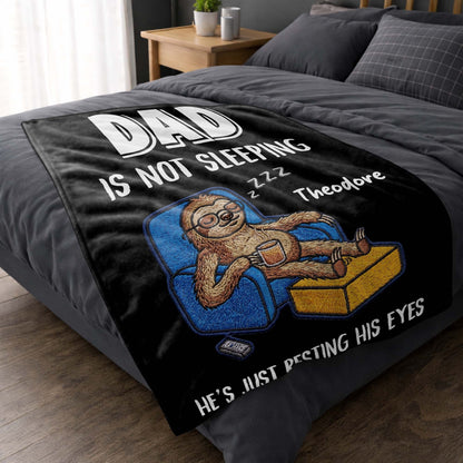 Personalized Dad Is Not Sleeping blanket with custom name, featuring a funny sloth resting its eyes in an armchair image 7
