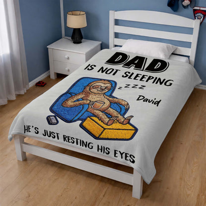 Personalized Dad Is Not Sleeping blanket with custom name, featuring a funny sloth resting its eyes in an armchair image 8