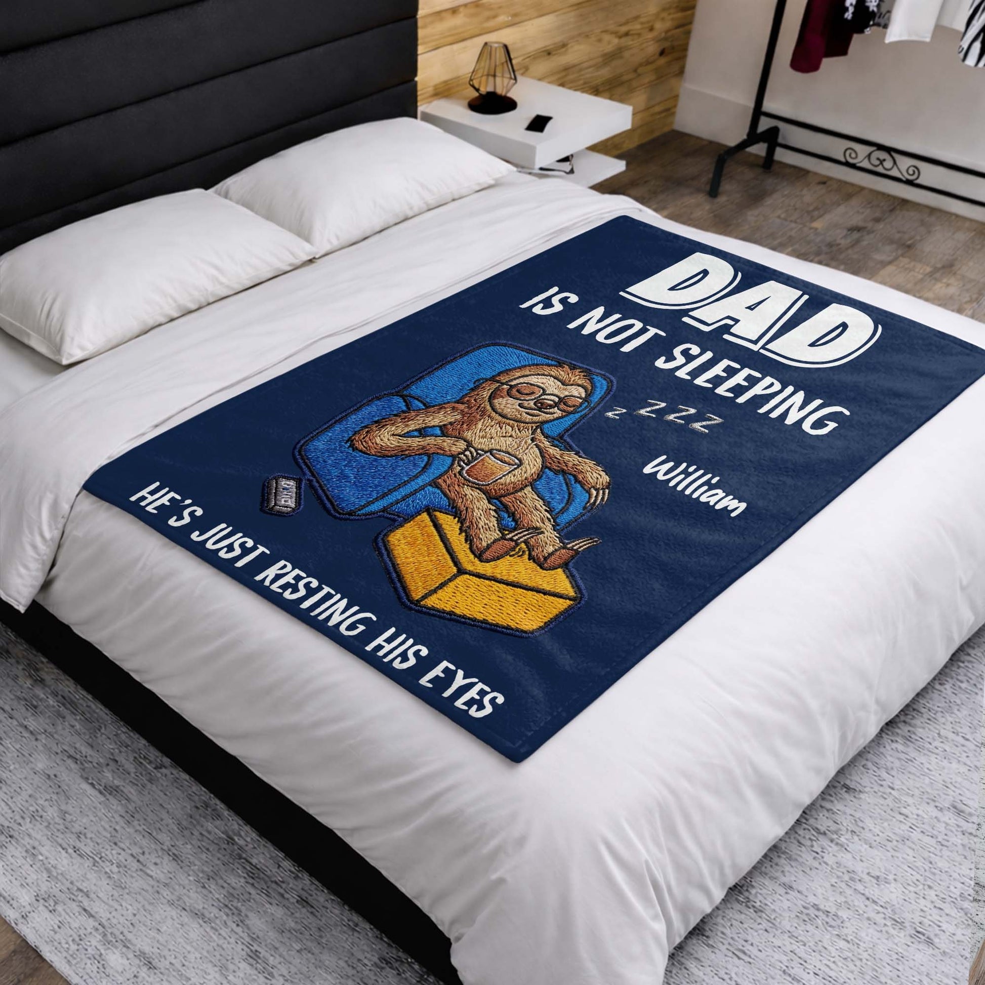 Personalized Dad Is Not Sleeping blanket with custom name, featuring a funny sloth resting its eyes in an armchair image 9