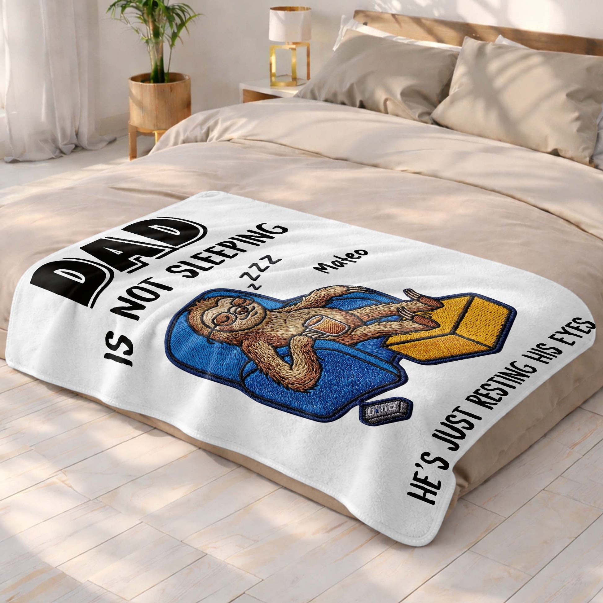 Personalized Dad Is Not Sleeping blanket with custom name, featuring a funny sloth resting its eyes in an armchair image 10