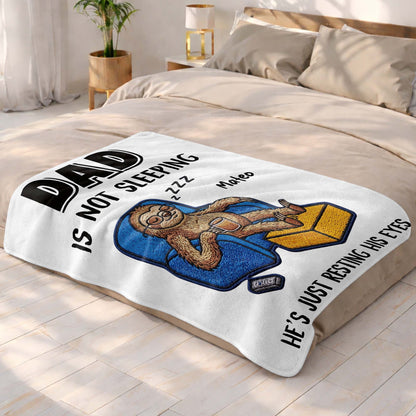 Personalized Dad Is Not Sleeping blanket with custom name, featuring a funny sloth resting its eyes in an armchair image 10
