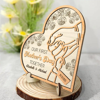 New Mom,New Dad,New baby,Gift For Mother,Love,Happy - Birth Flower Our First Mother's Day Together - Personalized 2-Layered Wooden Plaque With Stand