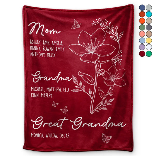 Gift For Mother,Gift For Grandma,Love,Happy - Mom Grandma Great Grandma Birth Flower - Personalized Fleece Blanket, Sherpa Blanket