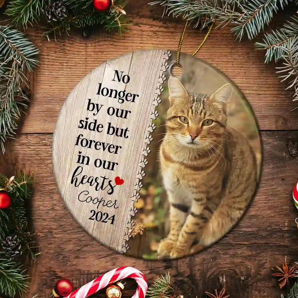 Custom Photo Dog Cat Forever In Our Hearts - Christmas Memorial Gift - Personalized Custom Circle Ceramic Ornament