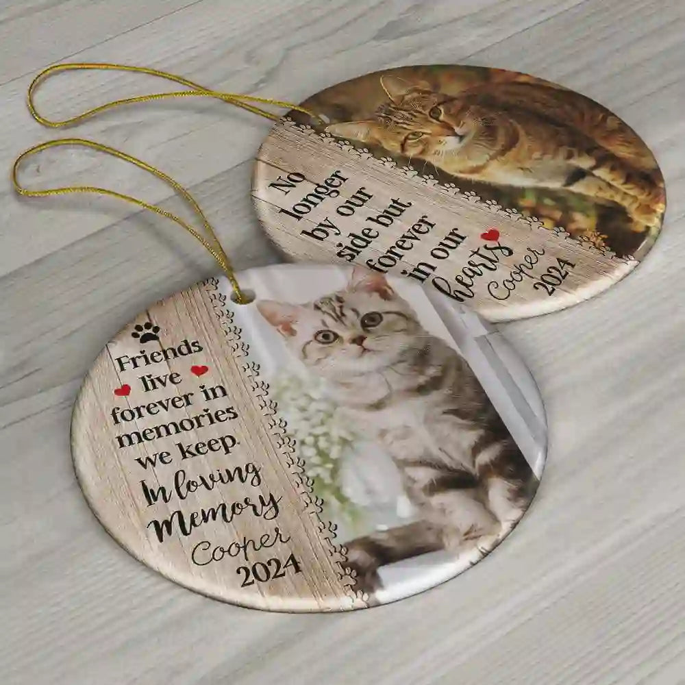 Custom Photo Dog Cat Forever In Our Hearts - Christmas Memorial Gift - Personalized Custom Circle Ceramic Ornament