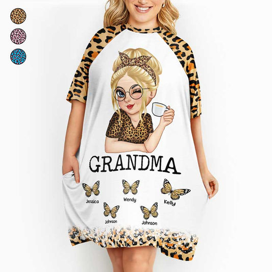 Personalized Butterflies Leopard Pattern Women's Sleep Tee - Gift For Mother, Grandmother