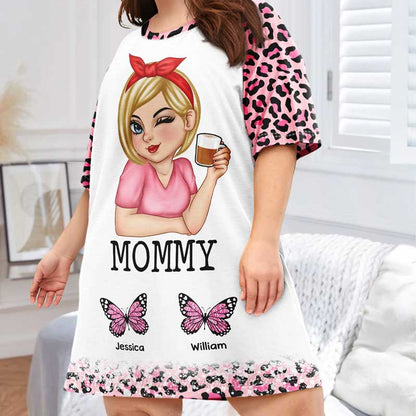 Personalized Butterflies Leopard Pattern Women's Sleep Tee - Gift For Mother, Grandmother