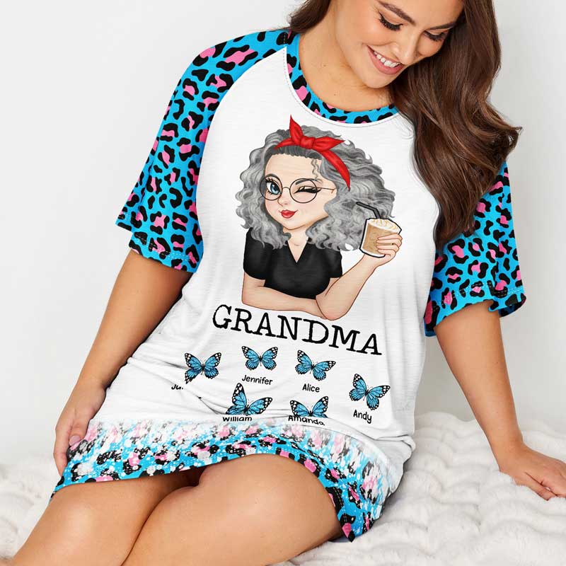 Personalized Butterflies Leopard Pattern Women's Sleep Tee - Gift For Mother, Grandmother