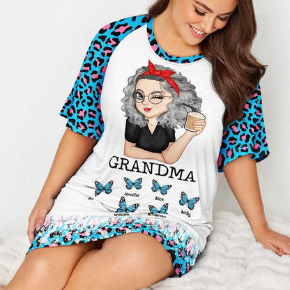 Personalized Butterflies Leopard Pattern Women's Sleep Tee - Gift For Mother, Grandmother