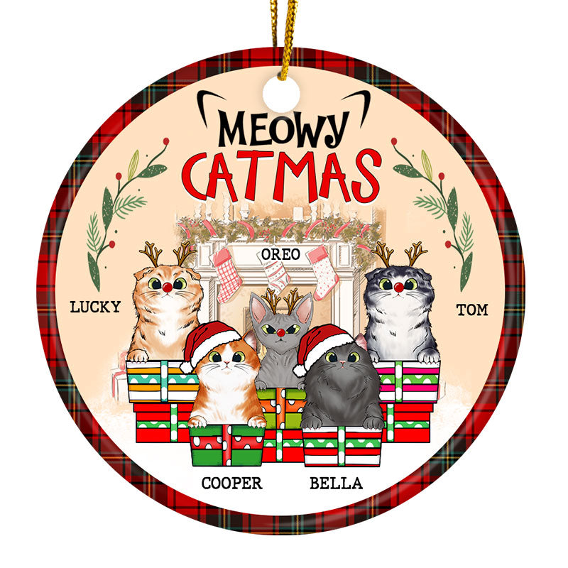 Meowy Catmas - Christmas Gift For Cat Lovers - Personalized Custom Circle Ceramic Ornament