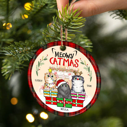 Meowy Catmas - Christmas Gift For Cat Lovers - Personalized Custom Circle Ceramic Ornament