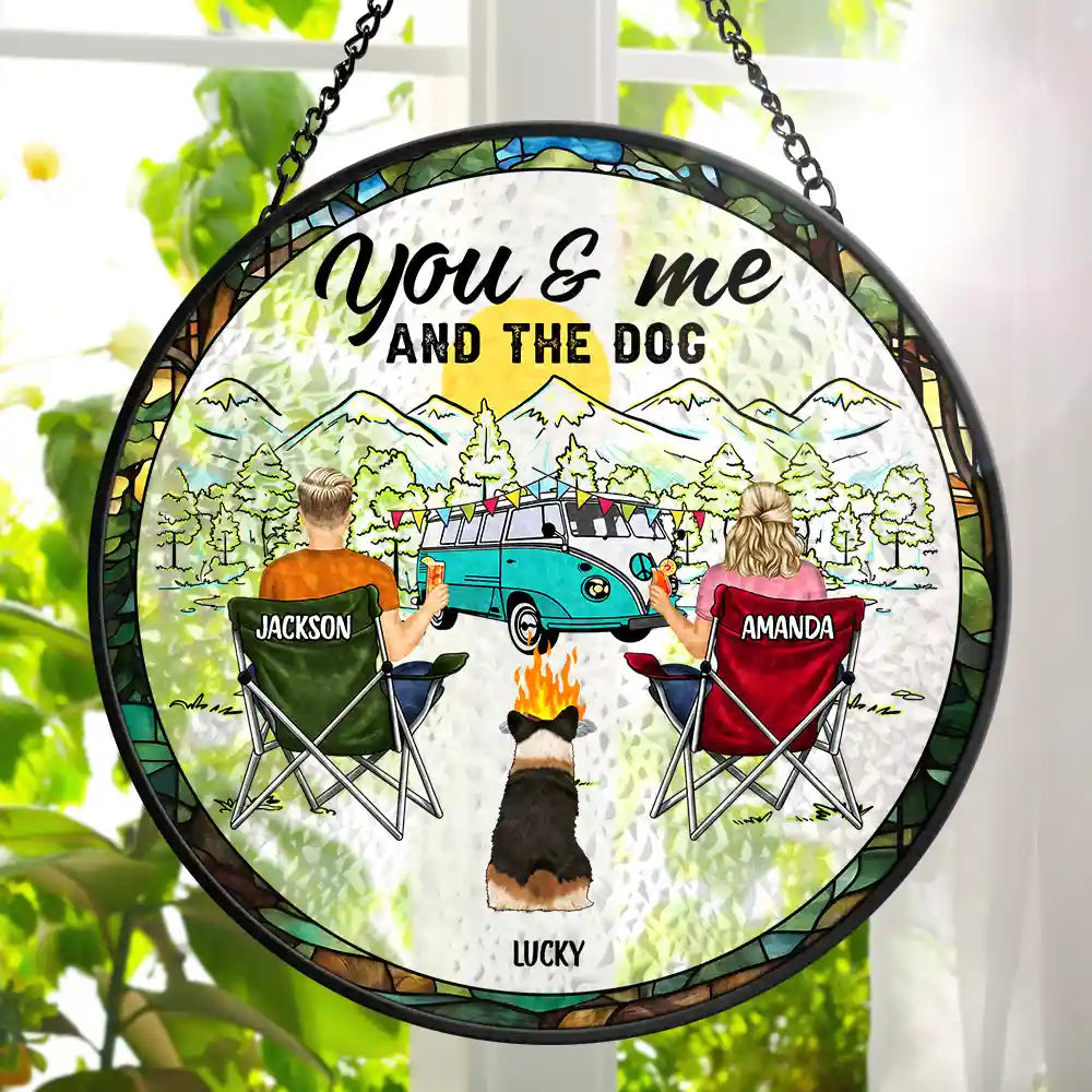 Custom You And Me And The Dogs Back Couples - Personalized Stained Glass Window Hanging Suncatcher