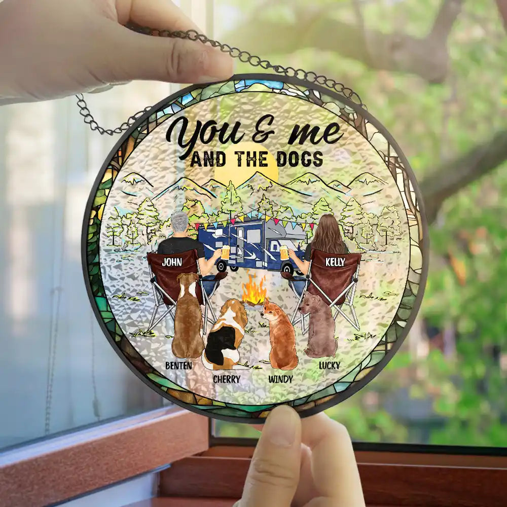 Custom You And Me And The Dogs Back Couples - Personalized Stained Glass Window Hanging Suncatcher