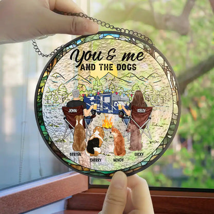 Custom You And Me And The Dogs Back Couples - Personalized Stained Glass Window Hanging Suncatcher