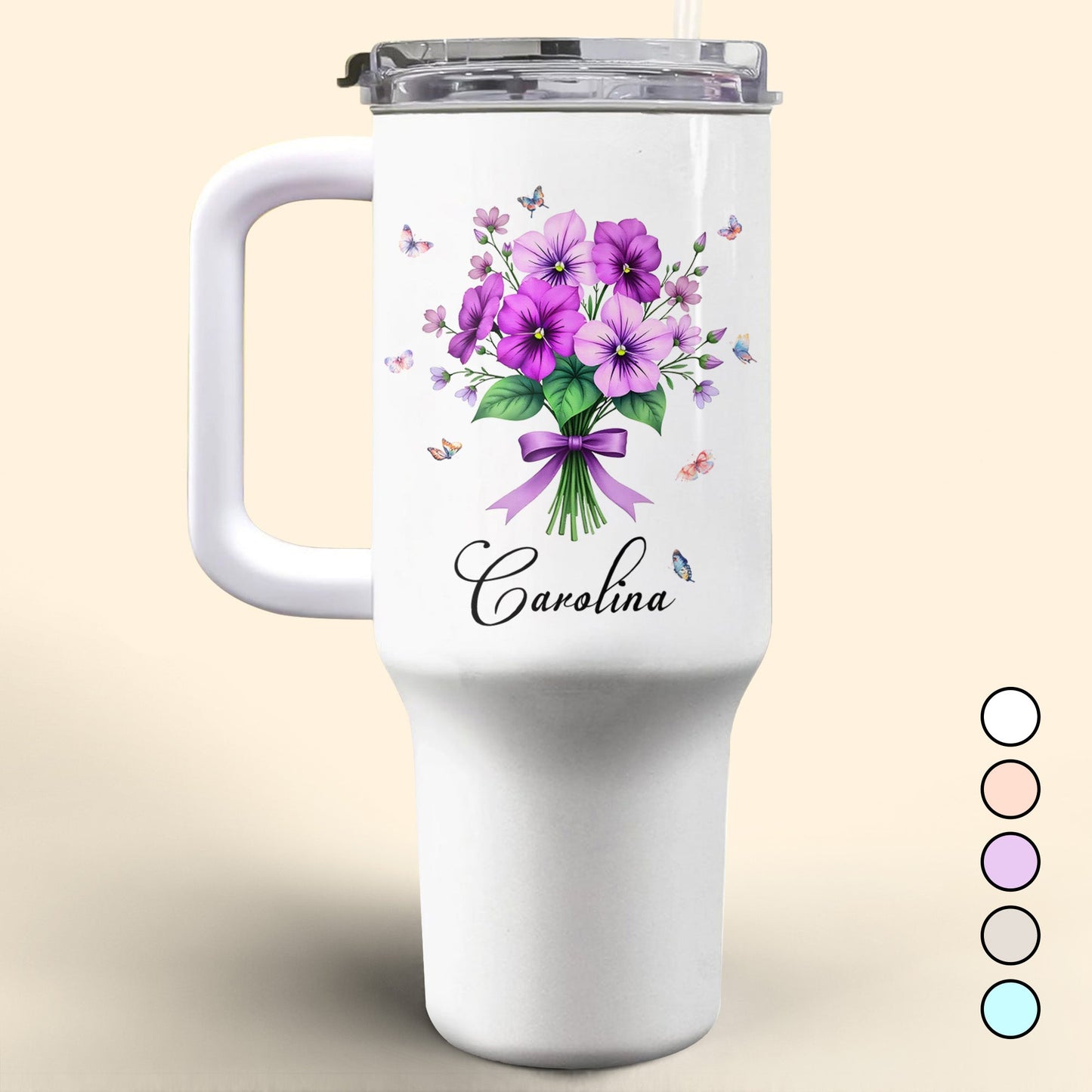 Vibrant Floral Design Tumbler With Butterflies And Elegant Ribbons